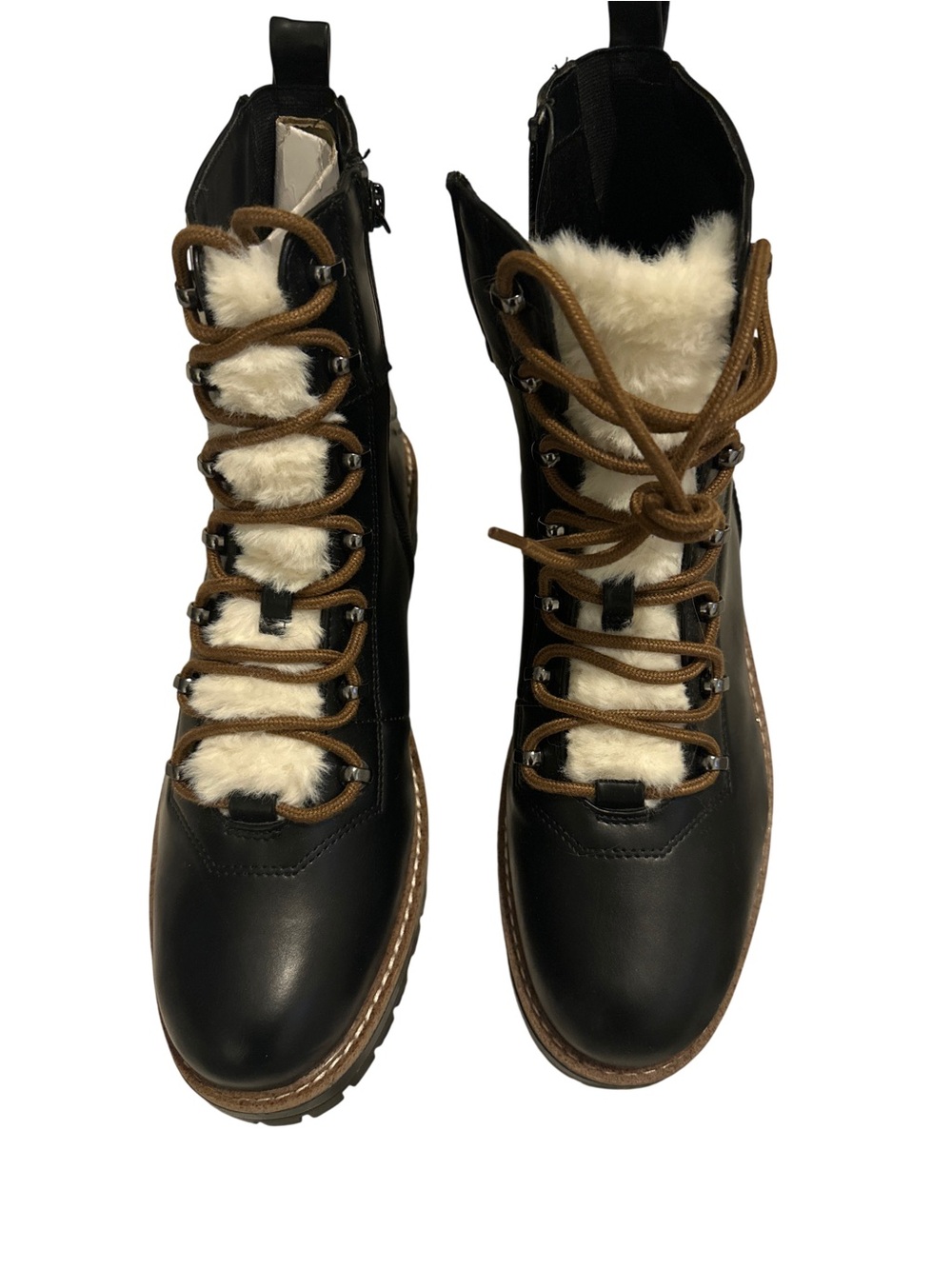 a new day Black Lace-Up Faux-Fur Combat Boots with Brown Laces, sz 11